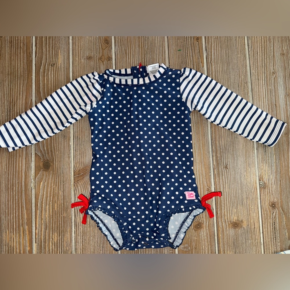 Ruffle Butts Navy Polka Dot Long-Sleeve Rash Guard One-Piece size 18-24 months - Picture 2 of 5